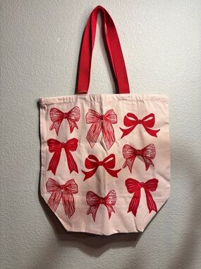 Huge! Pink Canvas Tote Bag with Red Bow Print